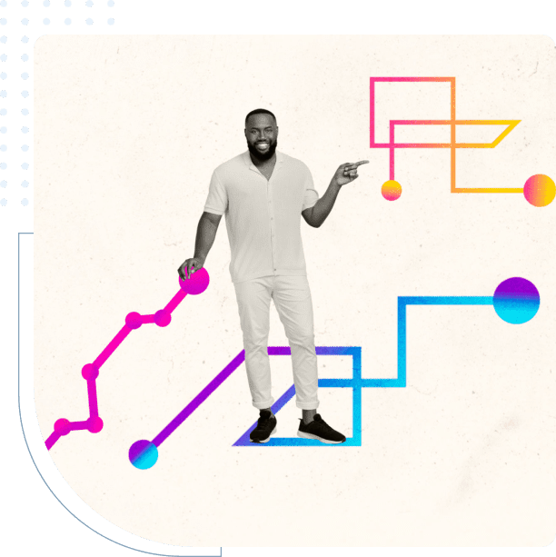 Man pointing at colorful geometric shapes.