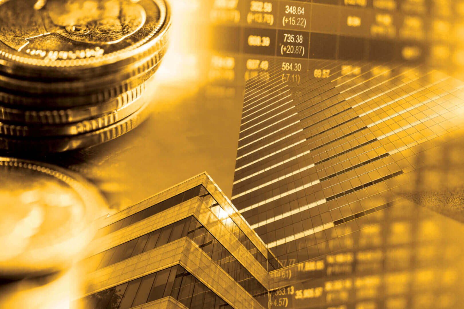 Coins and buildings with financial data overlay.