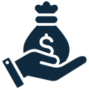 Hand holding a money bag icon.