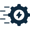 Gear with lightning bolt, speed lines icon.