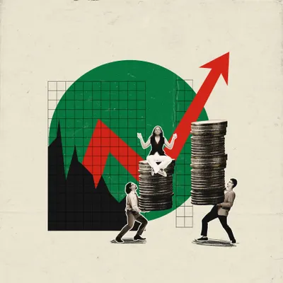 Two figures struggling to carry large stacks of coins with a rising red arrow symbolizing financial growth.