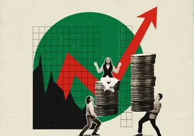 Two figures struggling to carry large stacks of coins with a rising red arrow symbolizing financial growth.